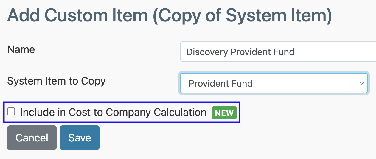 _**Add Custom Item**_ screen with **Include in Cost to Company Calculation** checkbox